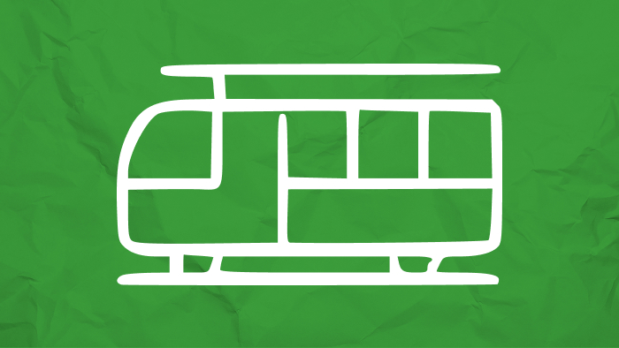 Stylized white tram outline on a crumpled green background.