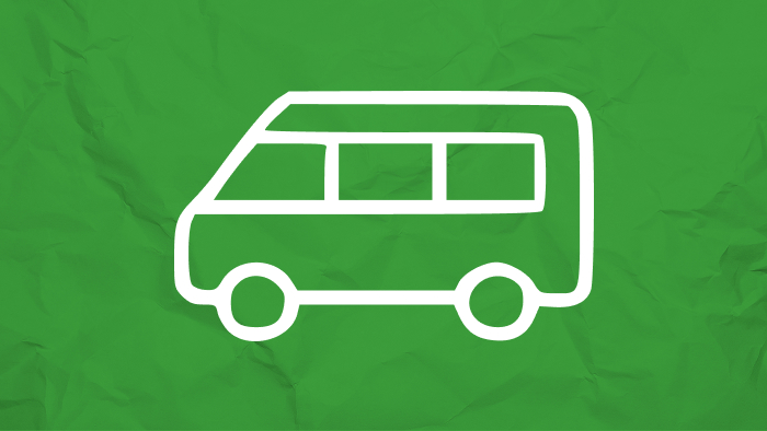 White outline of a bus on a green textured background.