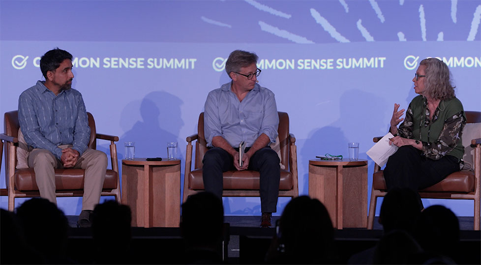 Sal Khan, Rob Reich, Ellen Pack seated on stage