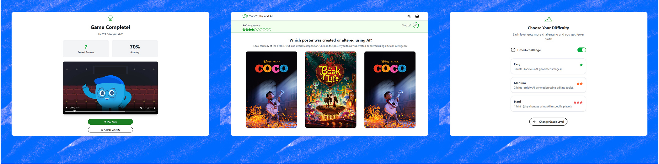 A game interface showing results and a quiz on identifying AI-altered movie posters.